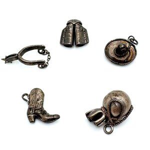 Sterling Silver Western Cowboy Charm Set Boot Spur Hat Chaps Money Bag Vintage